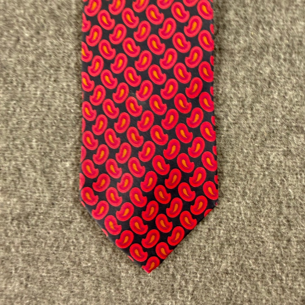 J.Crew Mens‎ Silk Tie Red Orange Paisley Teardrop Navy Blue Handmade USA Made